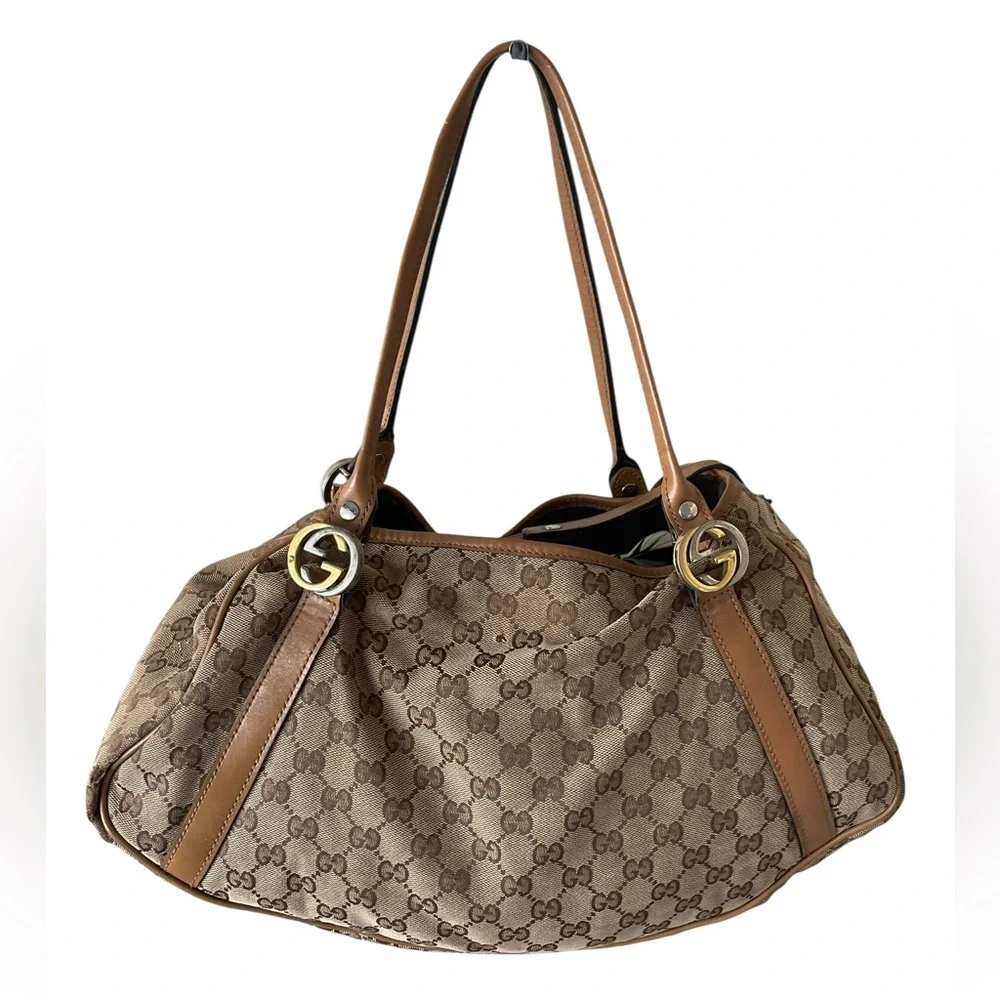 Gucci Beige Brown GG Canvas Shoulder Bag with Tan Trim - Picture 4 of 10